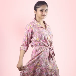 Free Size Elegant Pink Ajrakh Printed Top with Stylish Belt | iNDLooms