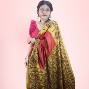 Pure Yellow Dye Tussar Silk Gujarati Stitch Saree
