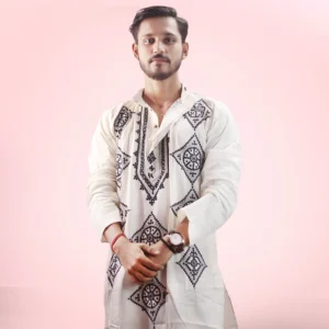 White Gujarati Hand Stitch Cotton Punjabi ( Full Sleeve )