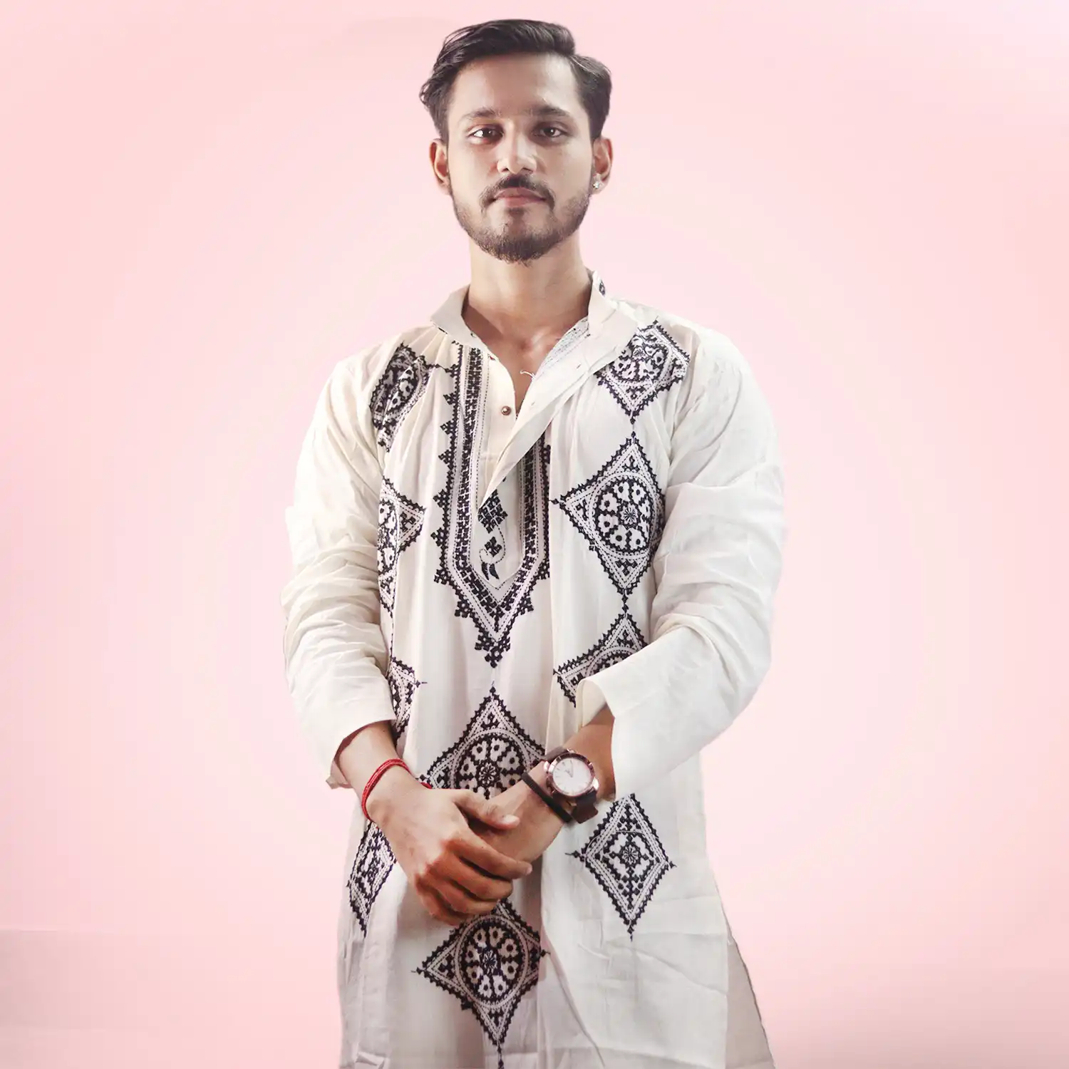 White Gujarati Hand Stitch Cotton Punjabi ( Full Sleeve )