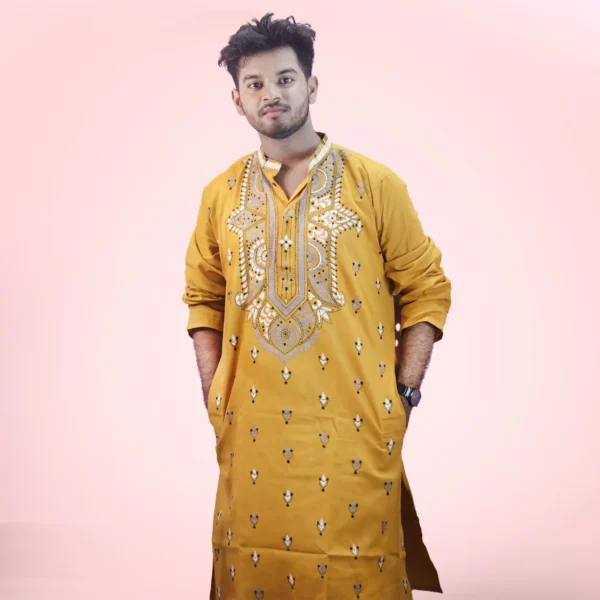 Yellow Cotton Hand Stitched Guti Punjabi