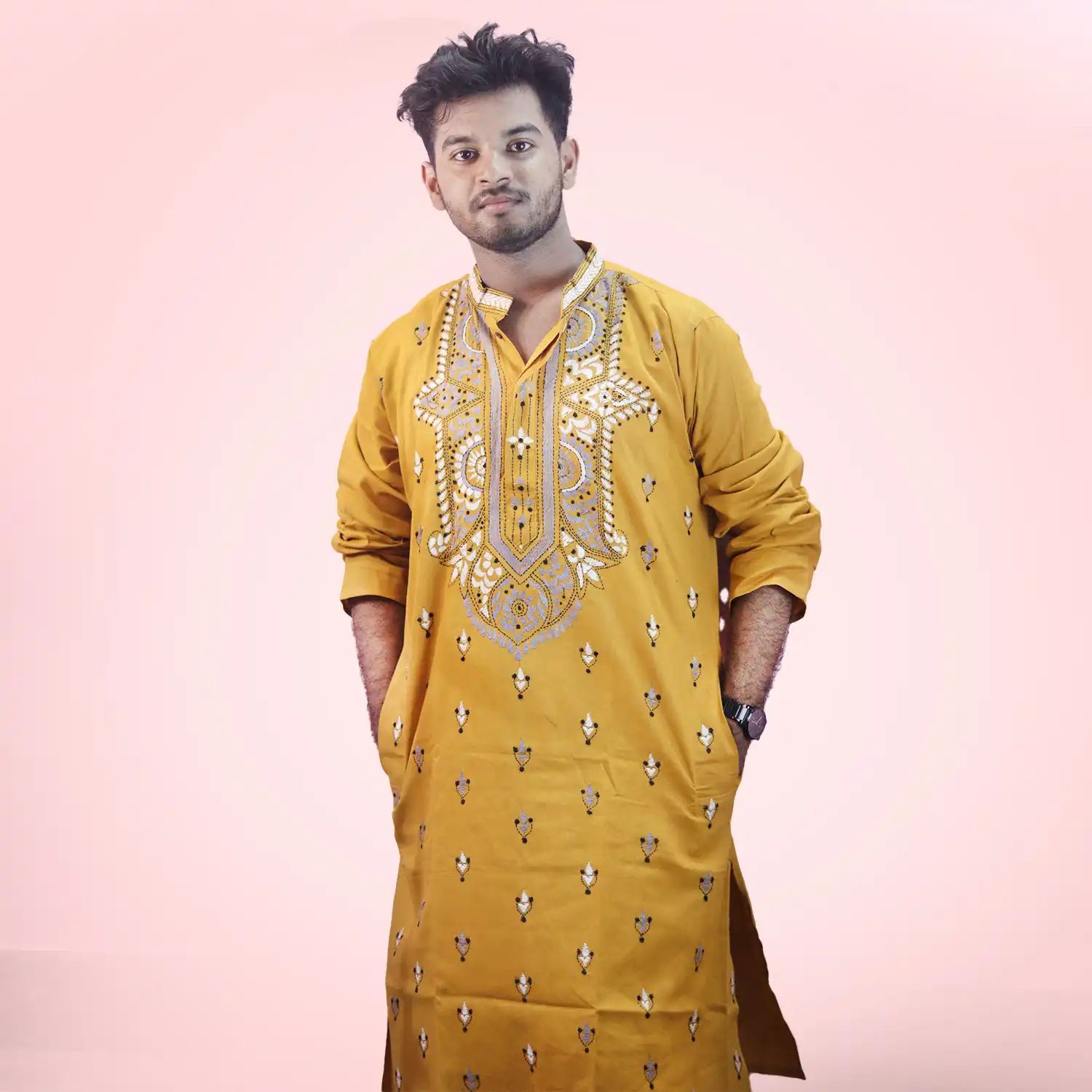 Yellow Cotton Hand Stitched Guti Punjabi