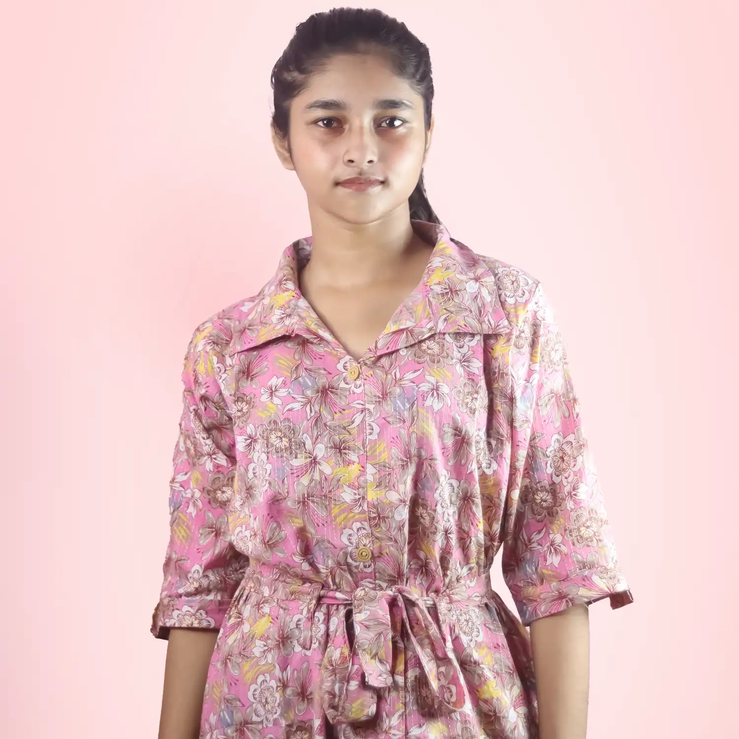 Free Size Elegant Pink Ajrakh Printed Top with Stylish Belt | iNDLooms - Image 3