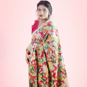 White Tussar Kantha Saree with Unstitched Blouse