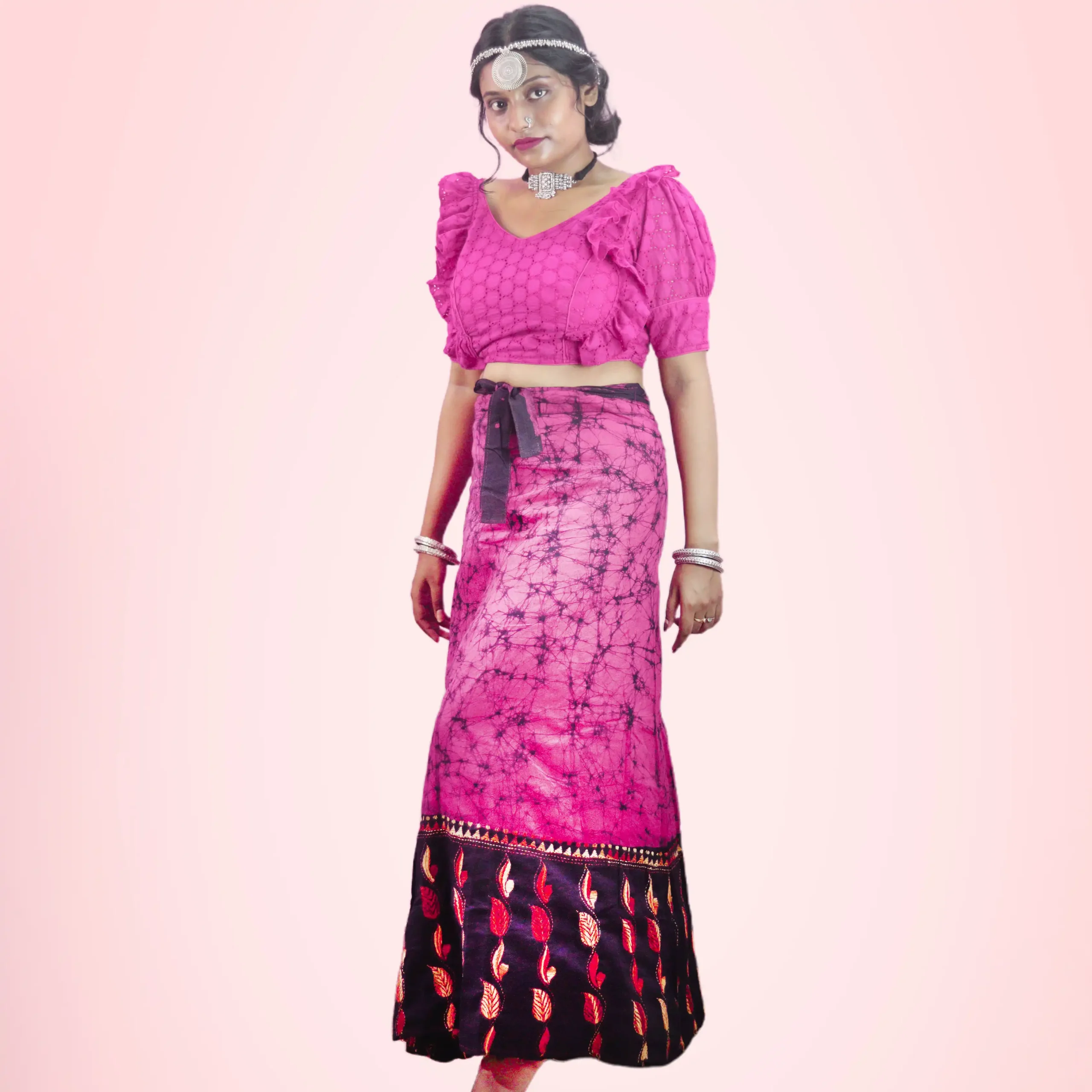 Women's Kantha Stitch Hand Batik Cotton Wrap Around Long Skirt