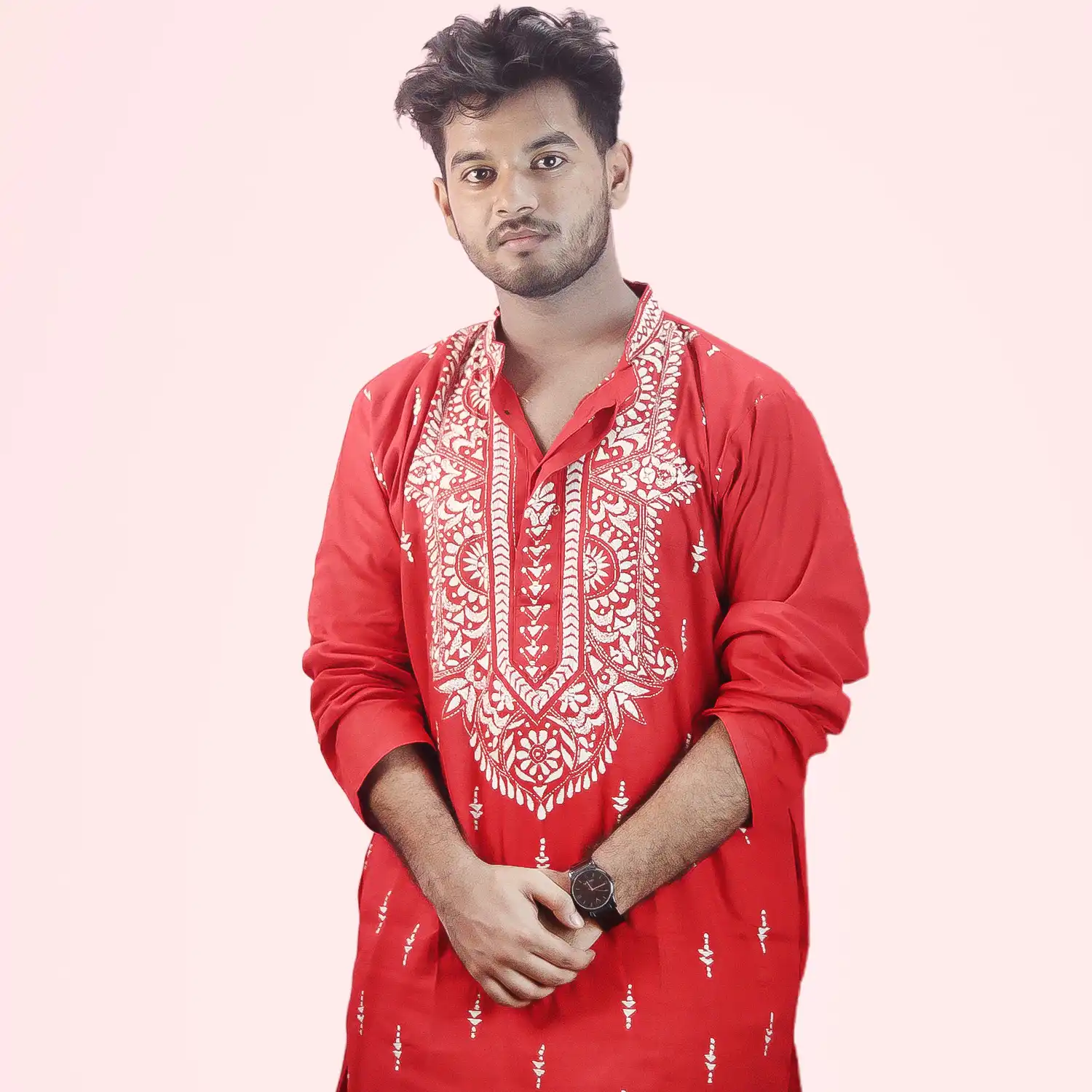 Premium Bangalore Silk Saree & Red Kurta Punjabi Combo – Handcrafted with Rich Embroidery - Image 4