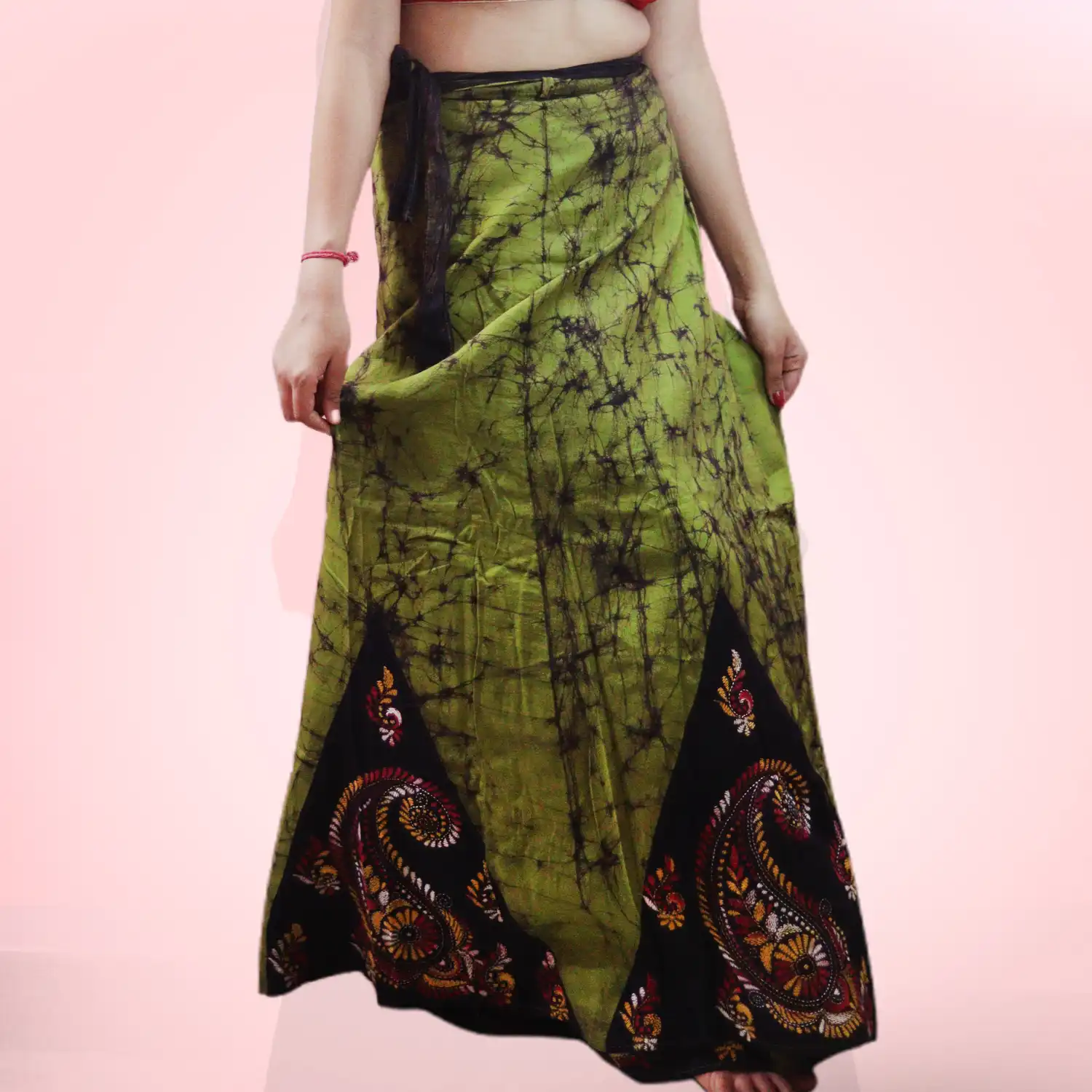 Green Kantha Stitch Hand Batik Cotton Wrap Around Long Skirt - Image 3