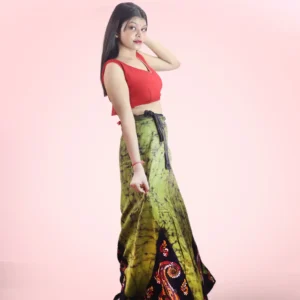 Green Kantha Stitch Hand Batik Cotton Wrap Around Long Skirt