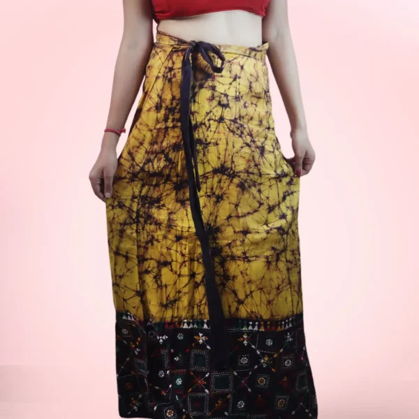 Yellow Kantha Stitch Hand Batik Cotton Wrap Around Long Skirt - Image 2