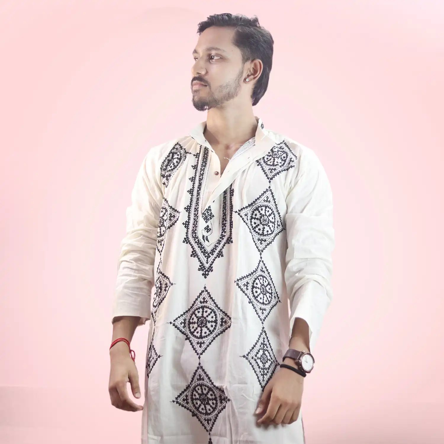 White Gujarati Hand Stitch Cotton Punjabi ( Full Sleeve ) - Image 2