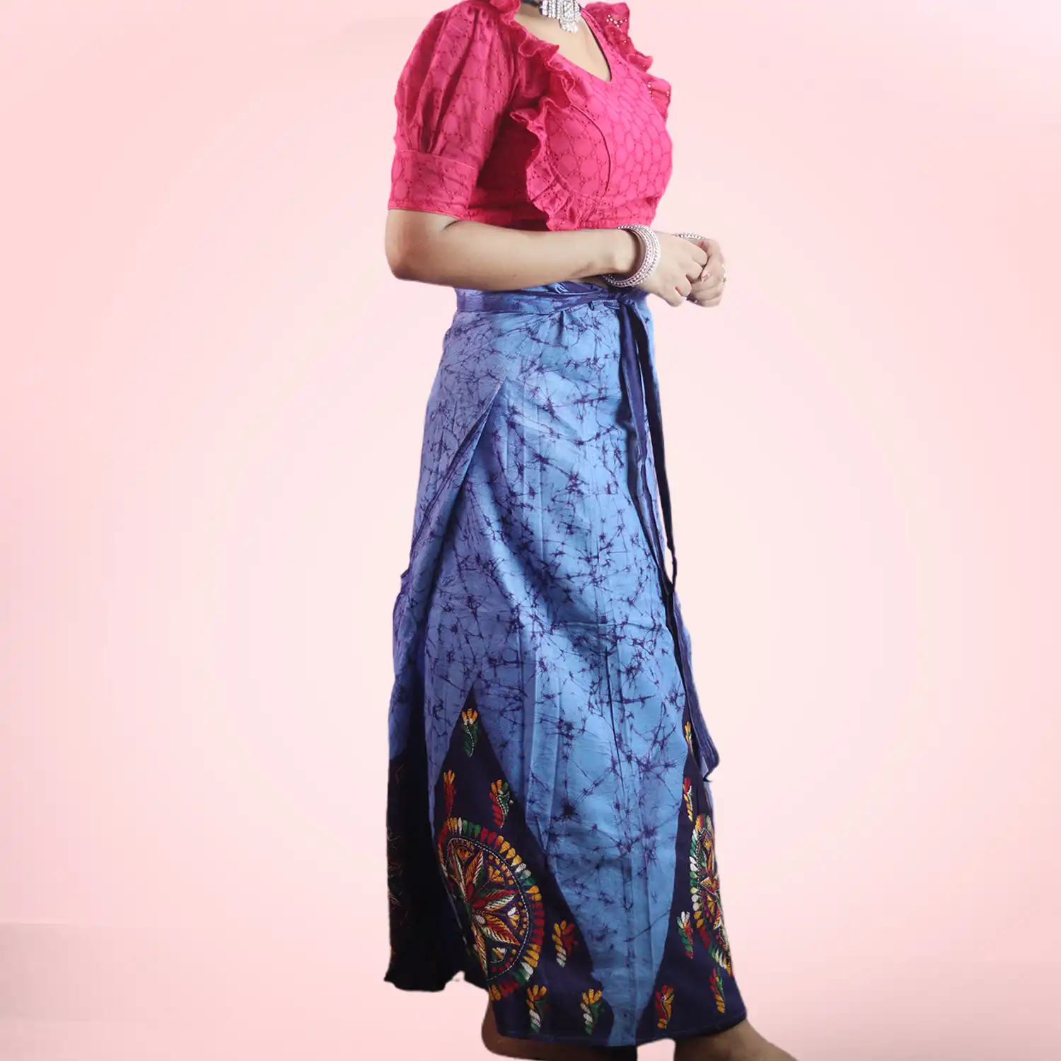 Blue Kantha Stitch Hand Batik Cotton Wrap Around Long Skirt - Image 2