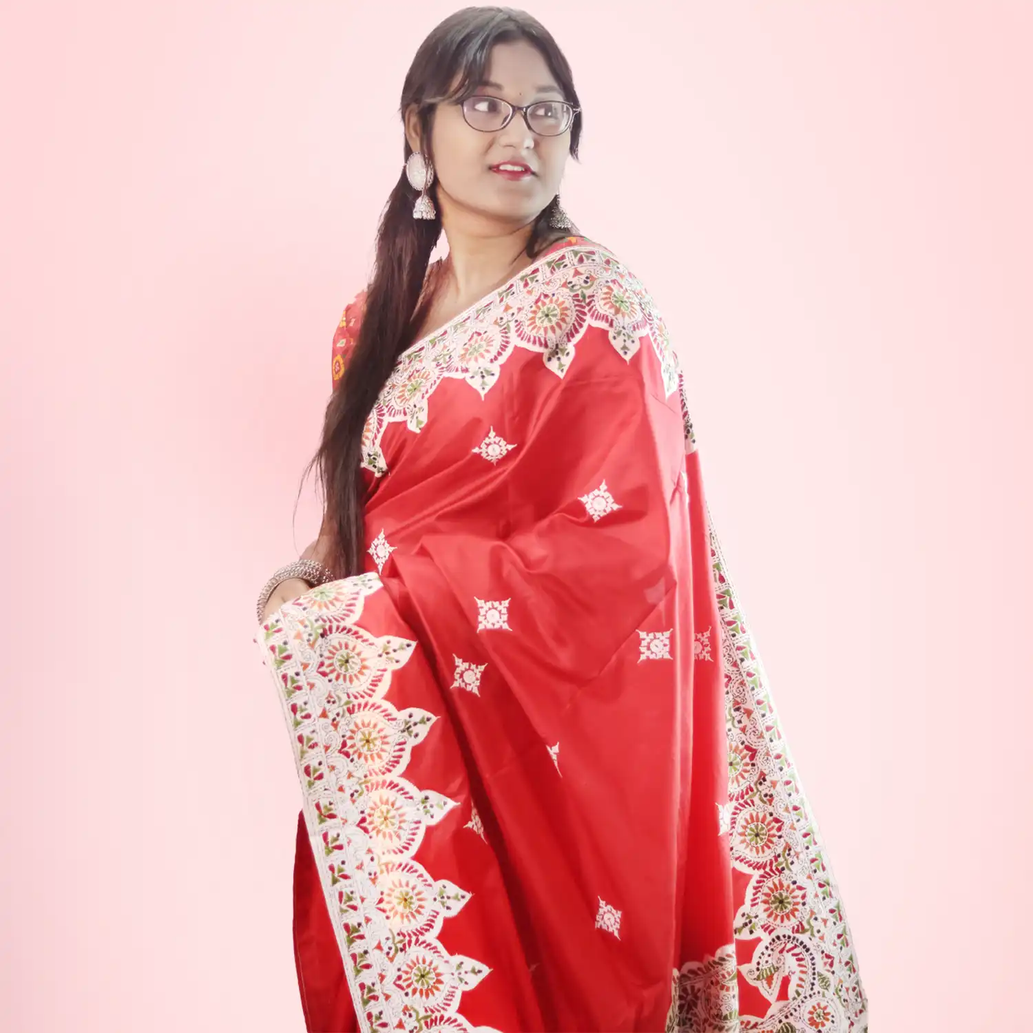 Pure Bangalore Silk Kantha & Gujrati Stiched Saree with Unstitched Blouse