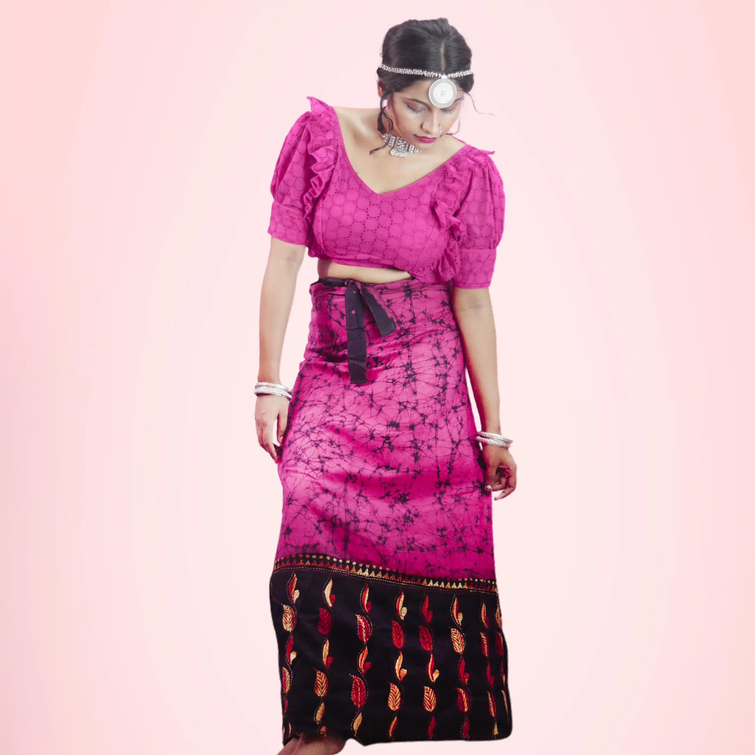 Women's Kantha Stitch Hand Batik Cotton Wrap Around Long Skirt - Image 2
