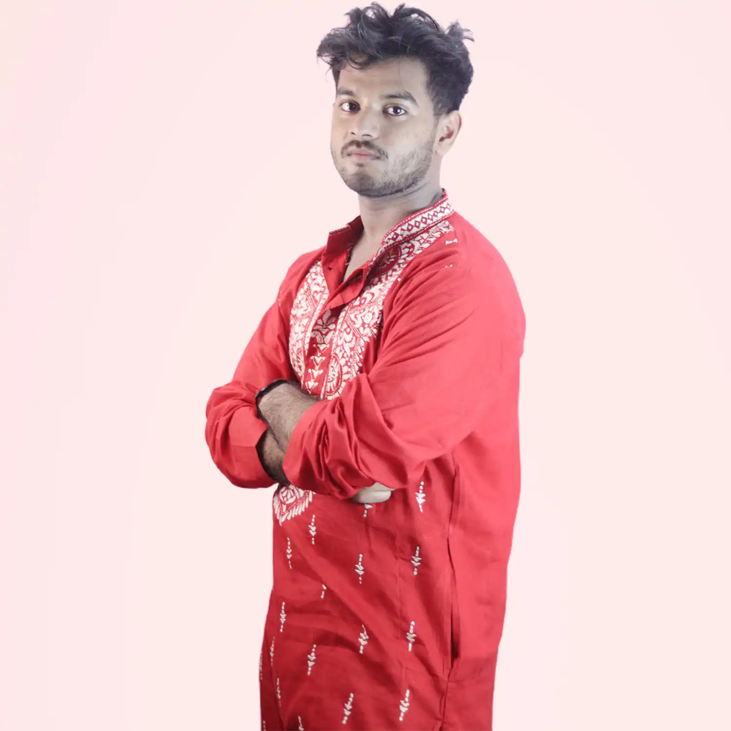 Premium Bangalore Silk Saree & Red Kurta Punjabi Combo – Handcrafted with Rich Embroidery - Image 5