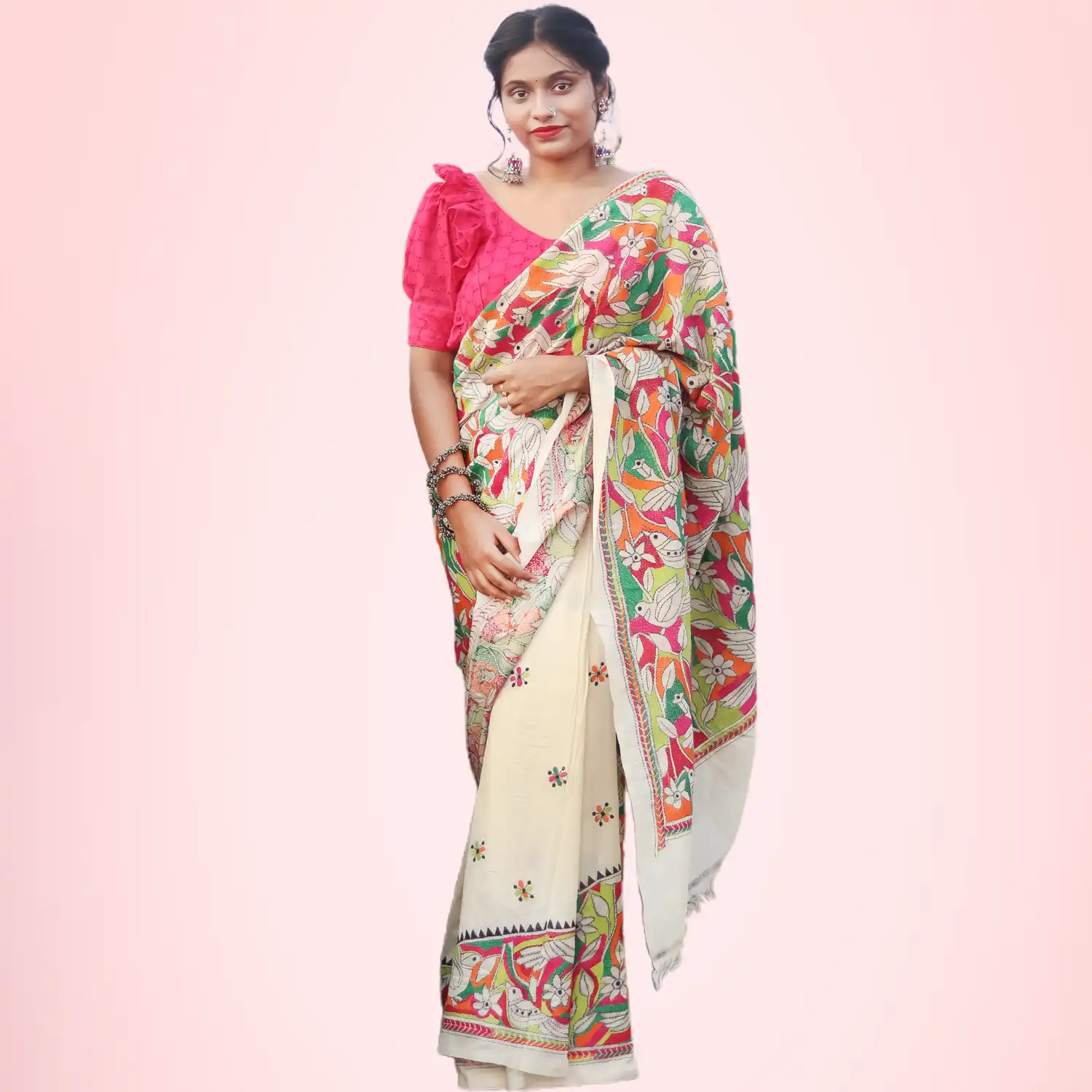 White Tussar Kantha Saree with Unstitched Blouse - Image 4