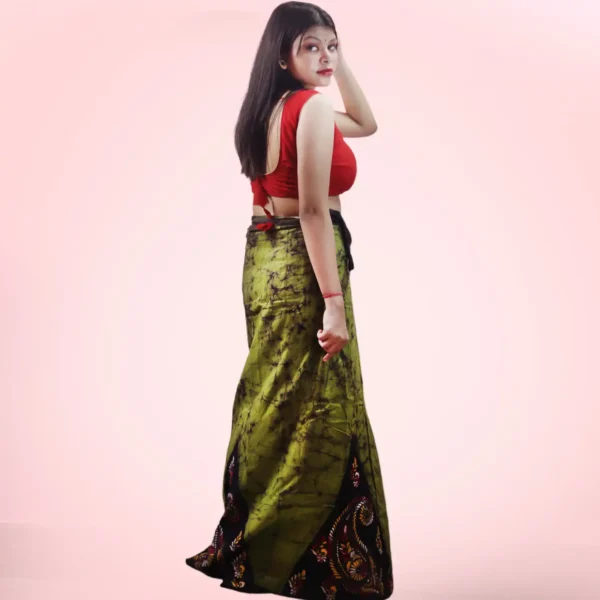 Green Kantha Stitch Hand Batik Cotton Wrap Around Long Skirt - Image 2