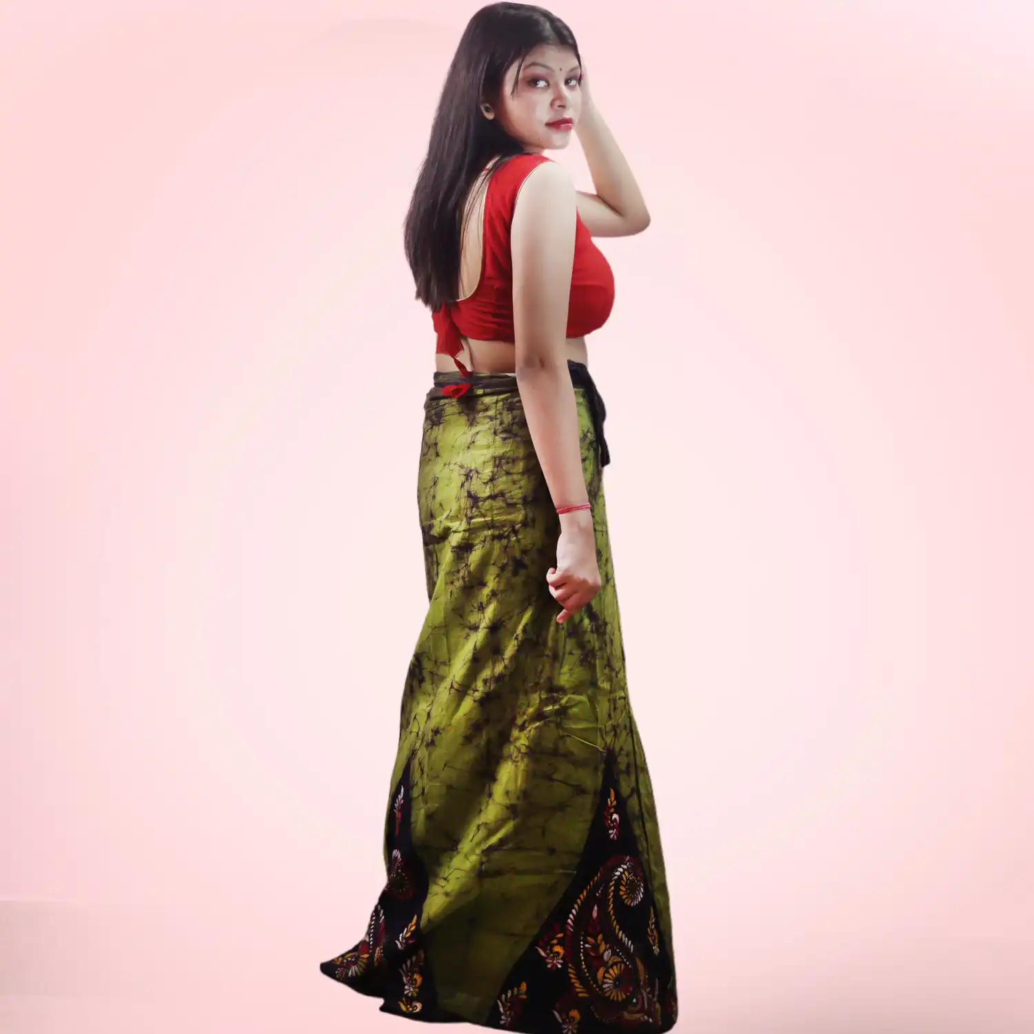 Green Kantha Stitch Hand Batik Cotton Wrap Around Long Skirt - Image 2