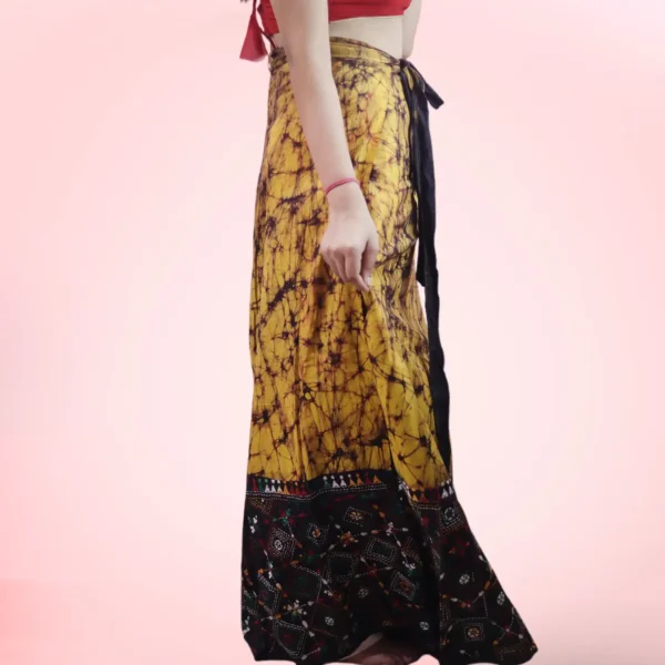 Yellow Kantha Stitch Hand Batik Cotton Wrap Around Long Skirt - Image 3
