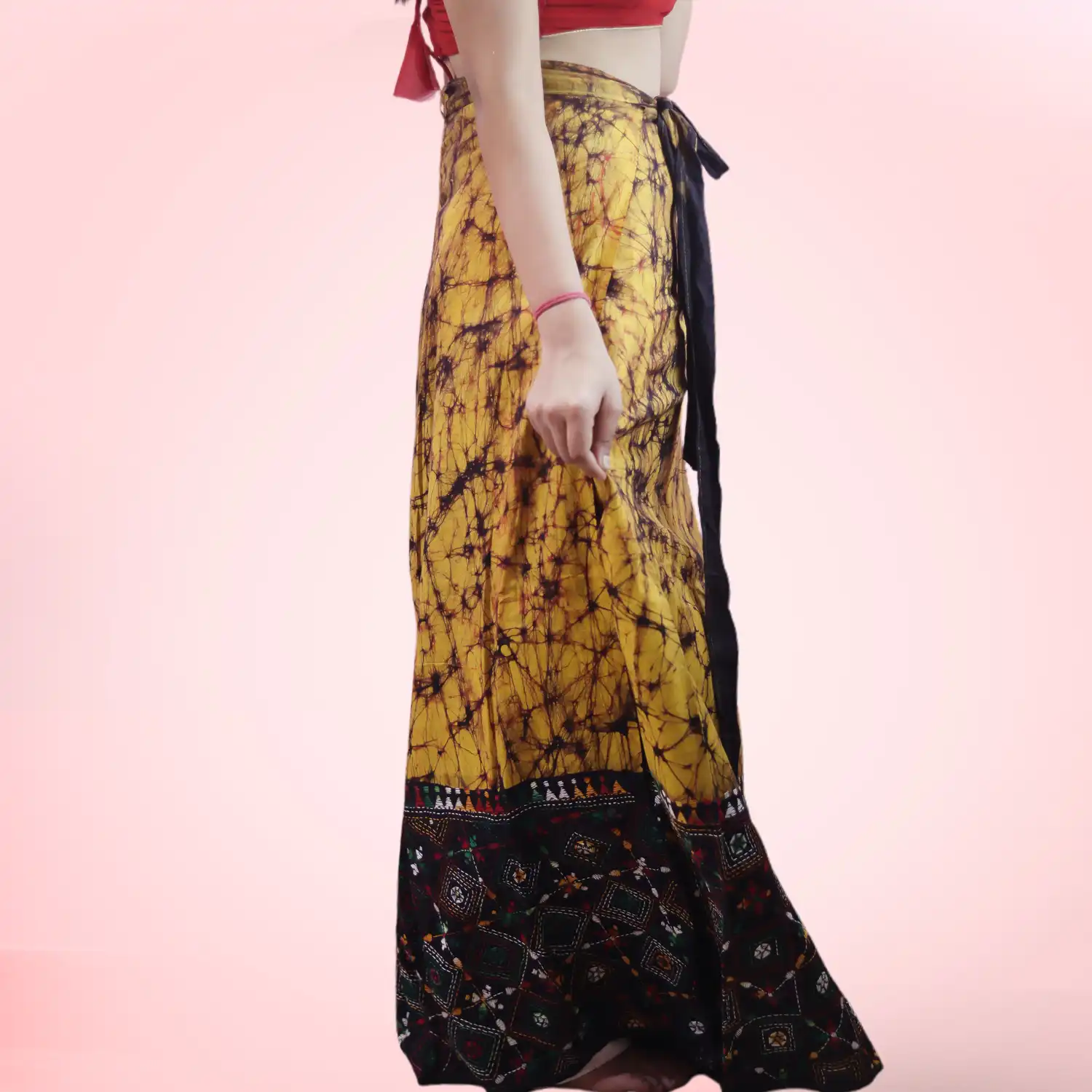 Yellow Kantha Stitch Hand Batik Cotton Wrap Around Long Skirt - Image 3