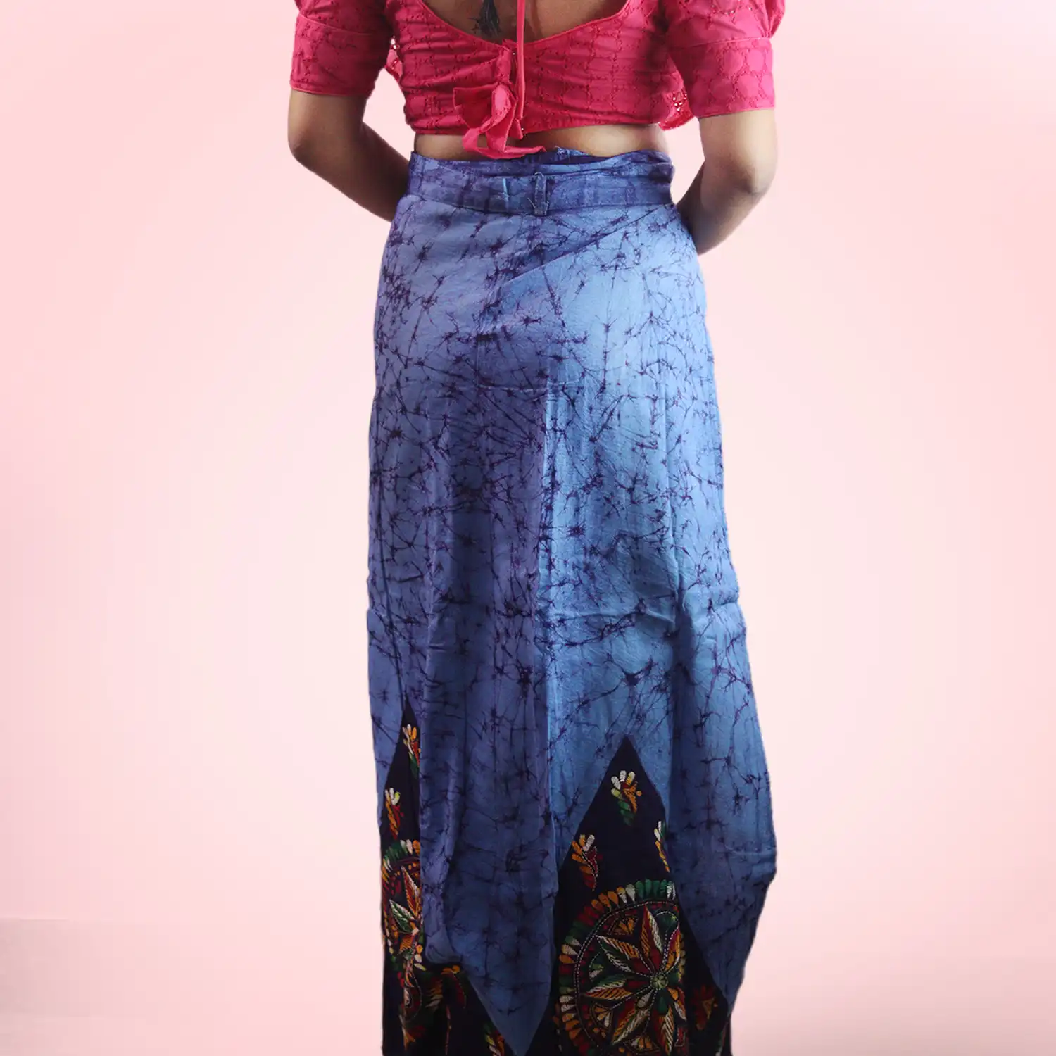 Blue Kantha Stitch Hand Batik Cotton Wrap Around Long Skirt - Image 3