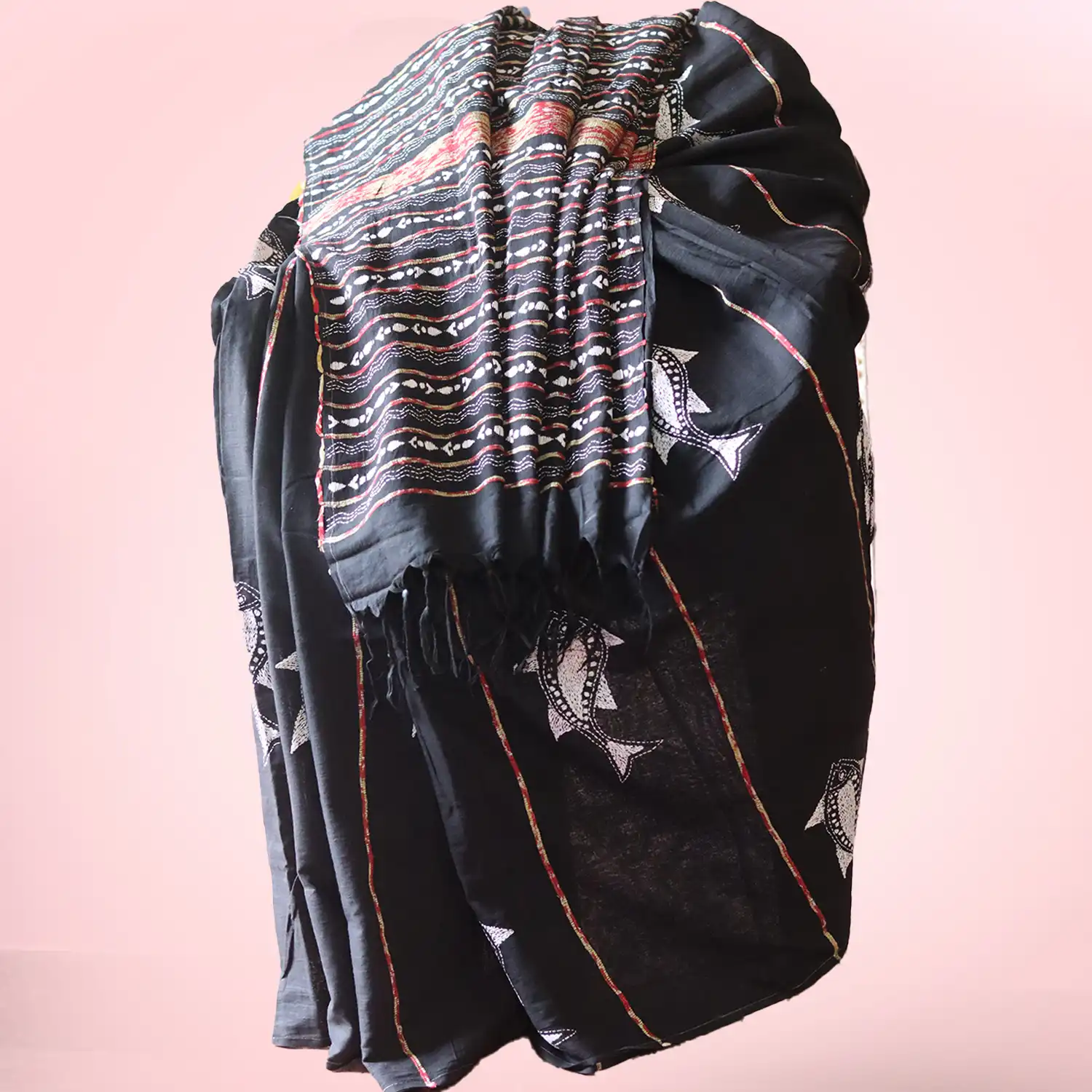 Black Cotton Khesh Kantha Saree with Unstitched Blouse - Image 2