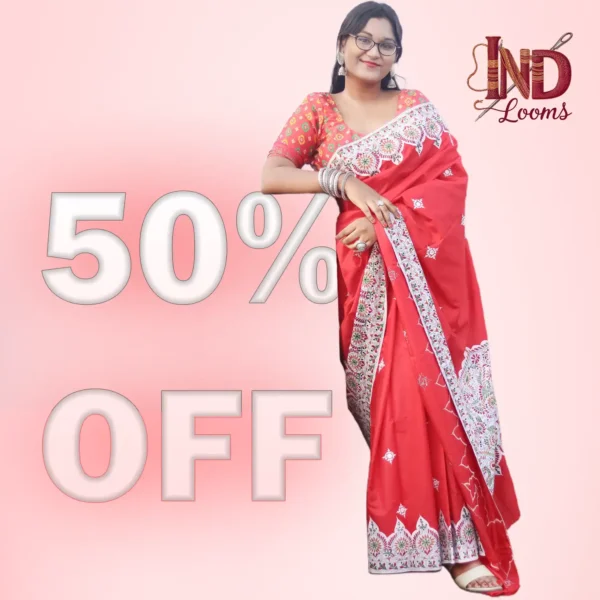 Pure Bangalore Silk Kantha & Gujrati Stiched Saree with Unstitched Blouse - Image 2