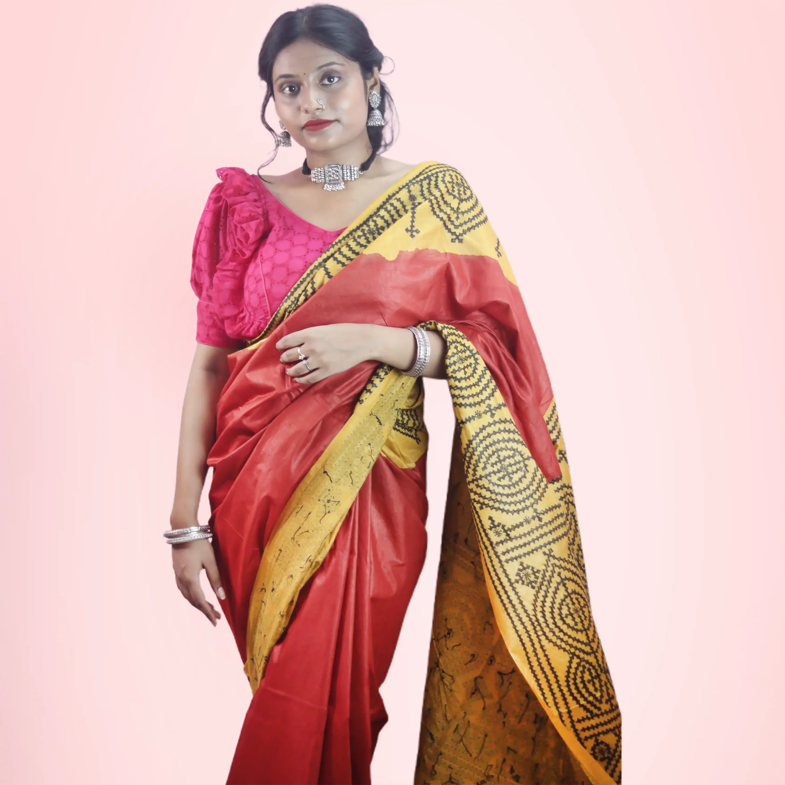 Pure Yellow Dye Tussar Silk Gujarati Stitch Saree - Image 2