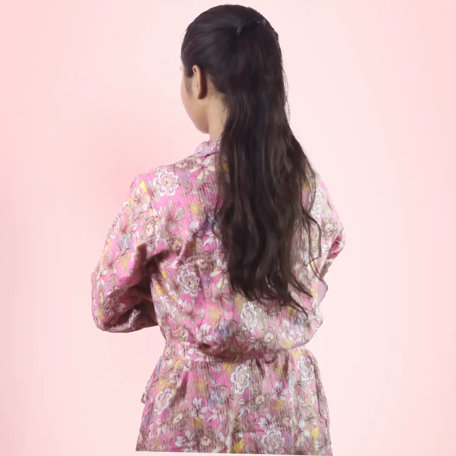 Free Size Elegant Pink Ajrakh Printed Top with Stylish Belt | iNDLooms - Image 2