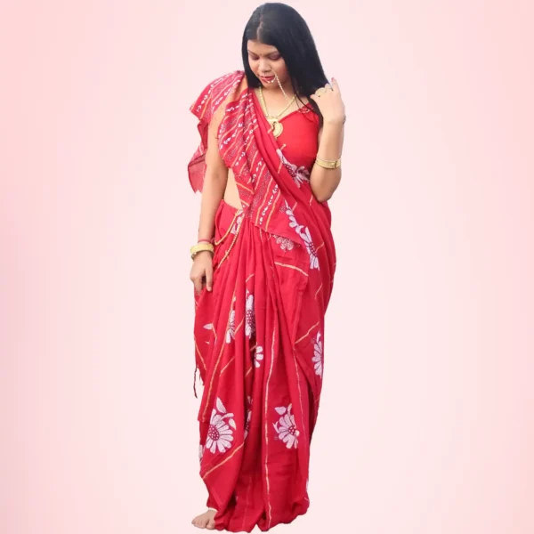 RED Cotton Khesh Kantha Saree with Unstitched Blouse - Image 3