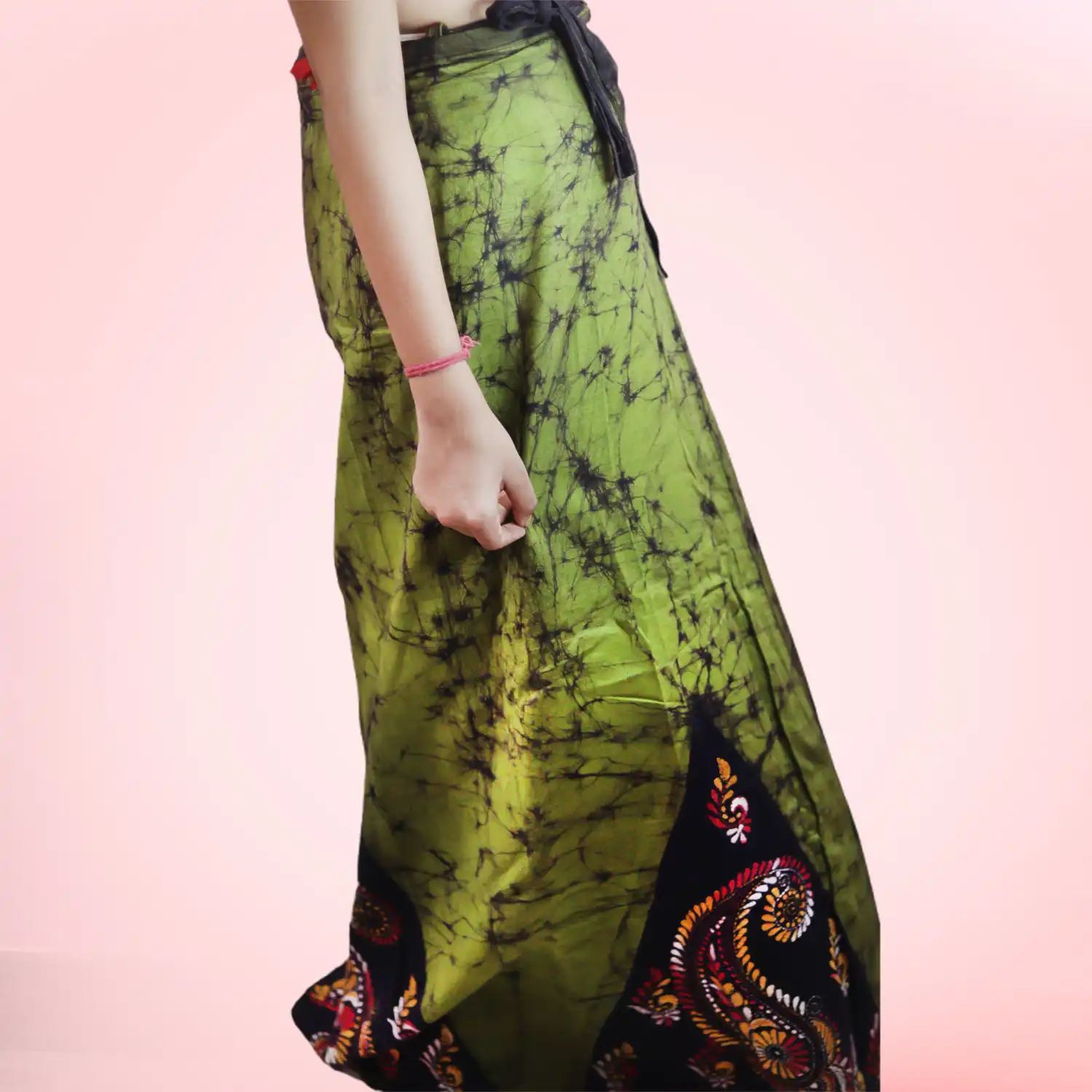 Green Kantha Stitch Hand Batik Cotton Wrap Around Long Skirt - Image 4