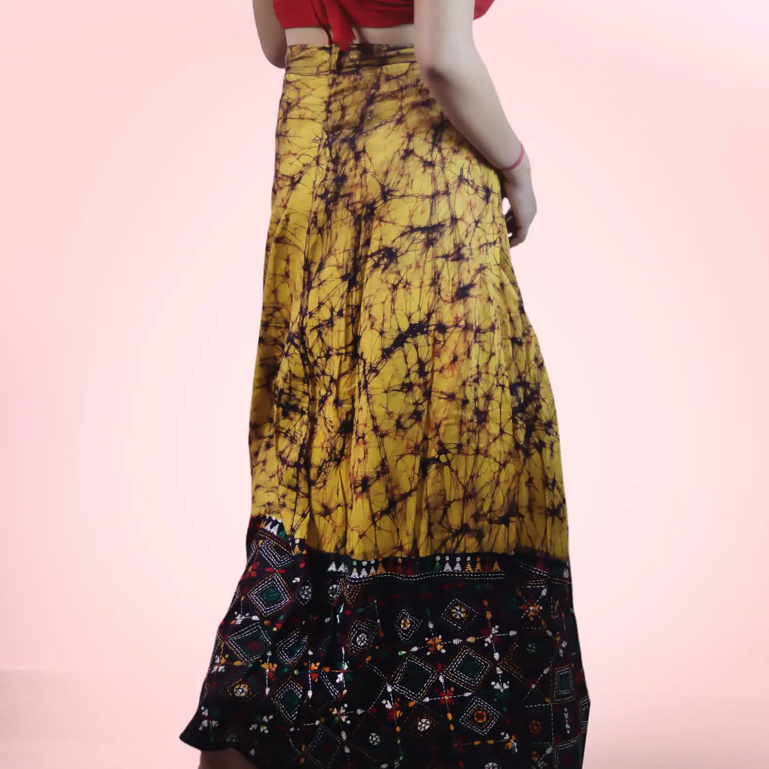 Yellow Kantha Stitch Hand Batik Cotton Wrap Around Long Skirt - Image 4