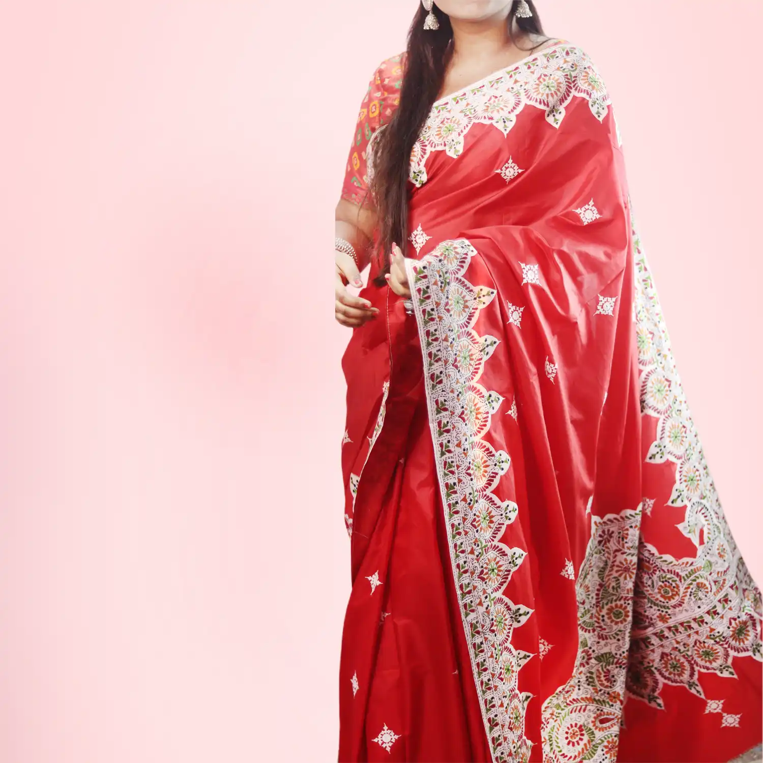 Premium Bangalore Silk Saree & Red Kurta Punjabi Combo – Handcrafted with Rich Embroidery - Image 2