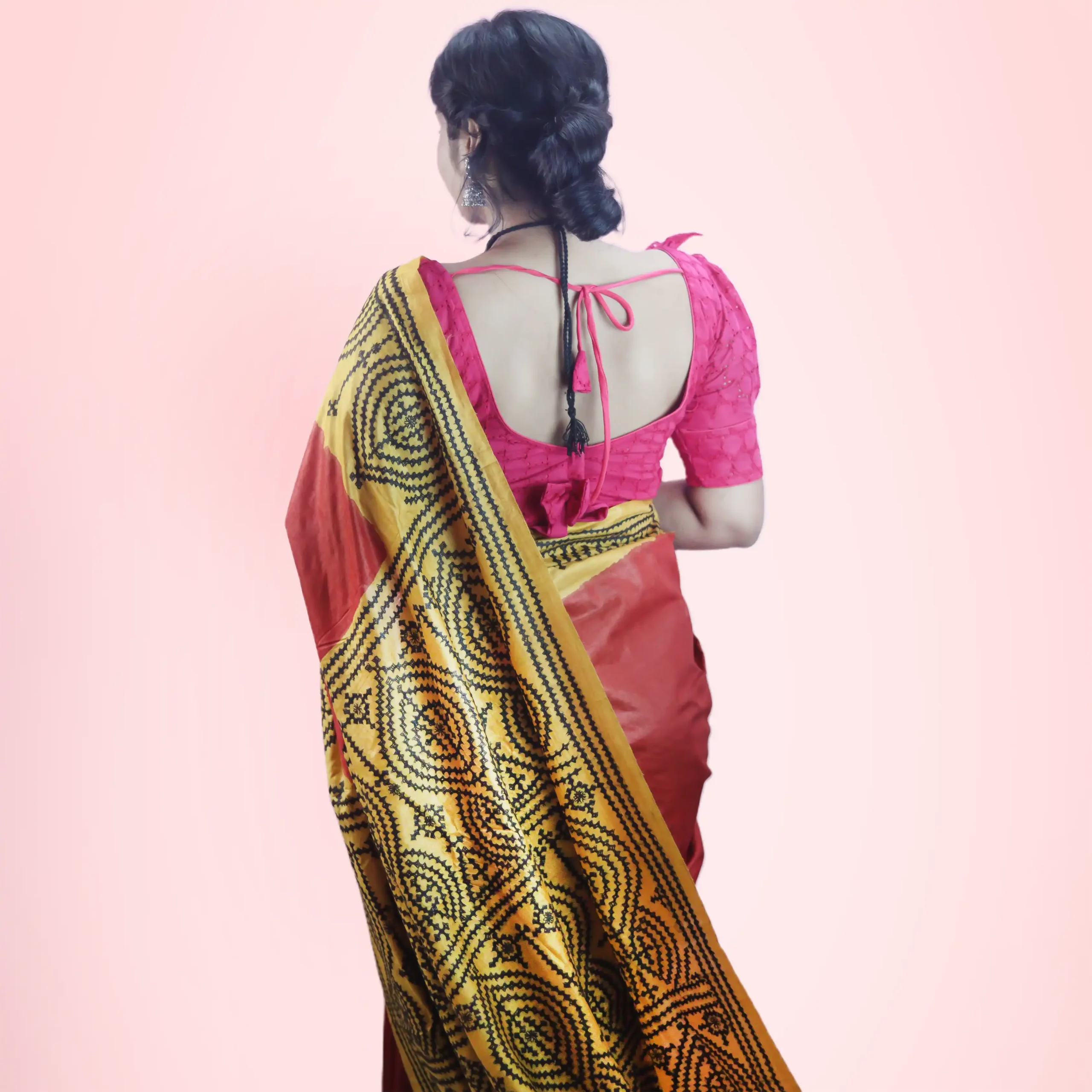 Pure Yellow Dye Tussar Silk Gujarati Stitch Saree - Image 3