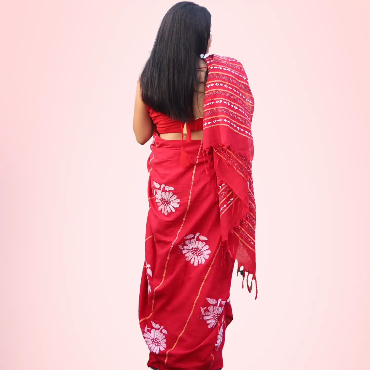 RED Cotton Khesh Kantha Saree with Unstitched Blouse - Image 4
