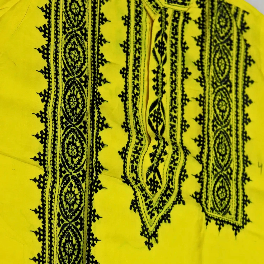 Yellow Gujarati Hand Stitch Cotton Punjabi ( Full Sleeve ) - Image 2