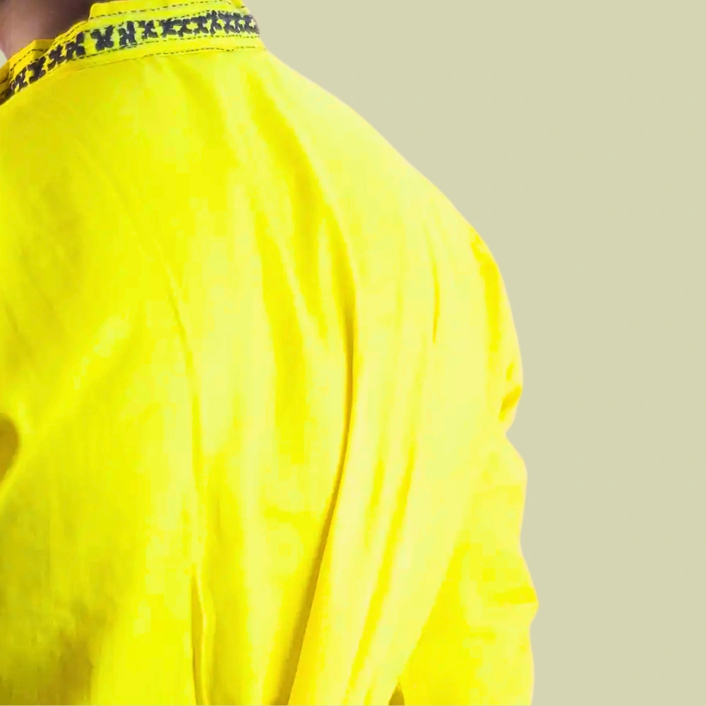 Yellow Gujarati Hand Stitch Cotton Punjabi ( Full Sleeve ) - Image 4