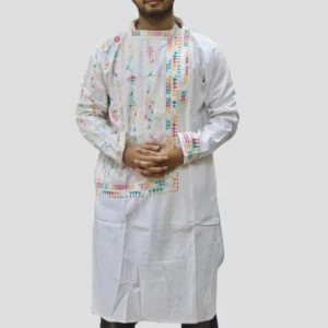 Premium White Kurta Punjabi with Multicolor Intricate Kantha Embroidery - Handmade by INDLooms