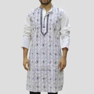 Black & White Kurta Punjabi with Intricate Kantha Embroidery - Handmade by INDLooms