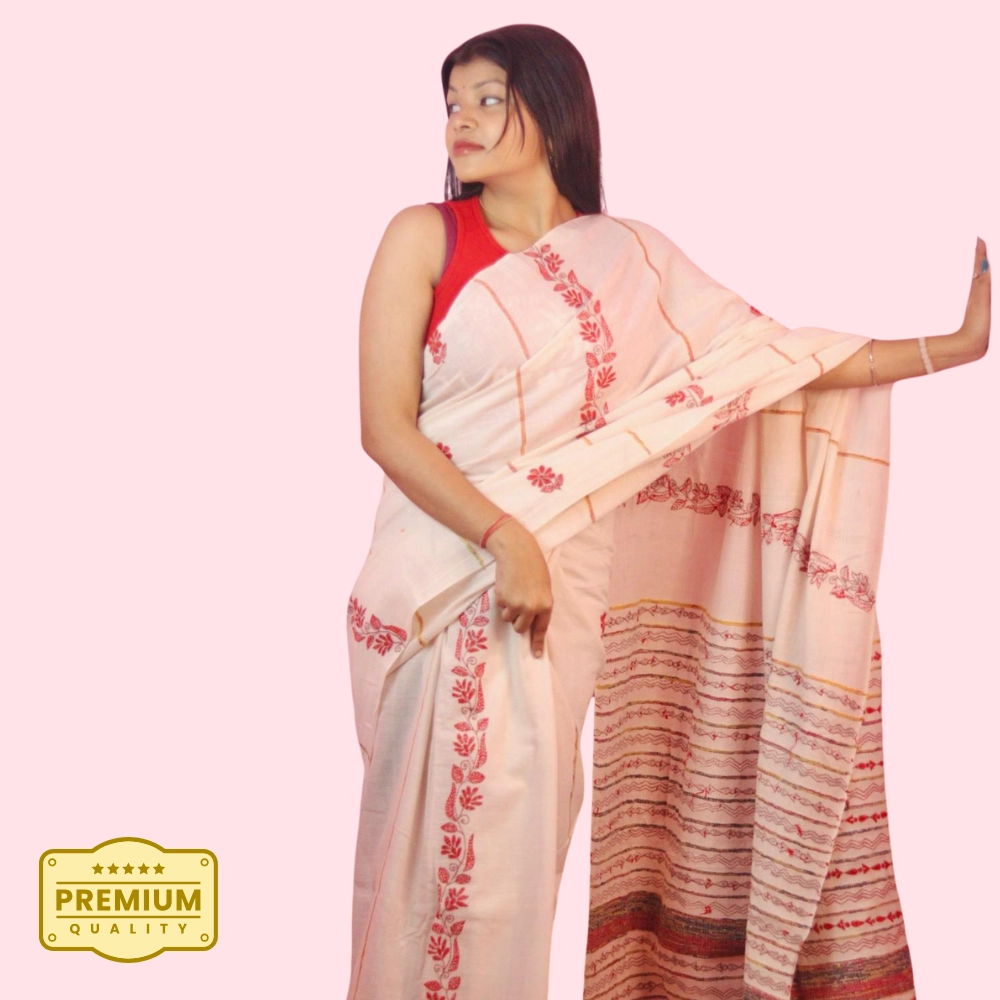 Elegant Off-White Khesh Saree & White Kurta Punjabi Combo – Handcrafted with Rich Embroidery - Image 2
