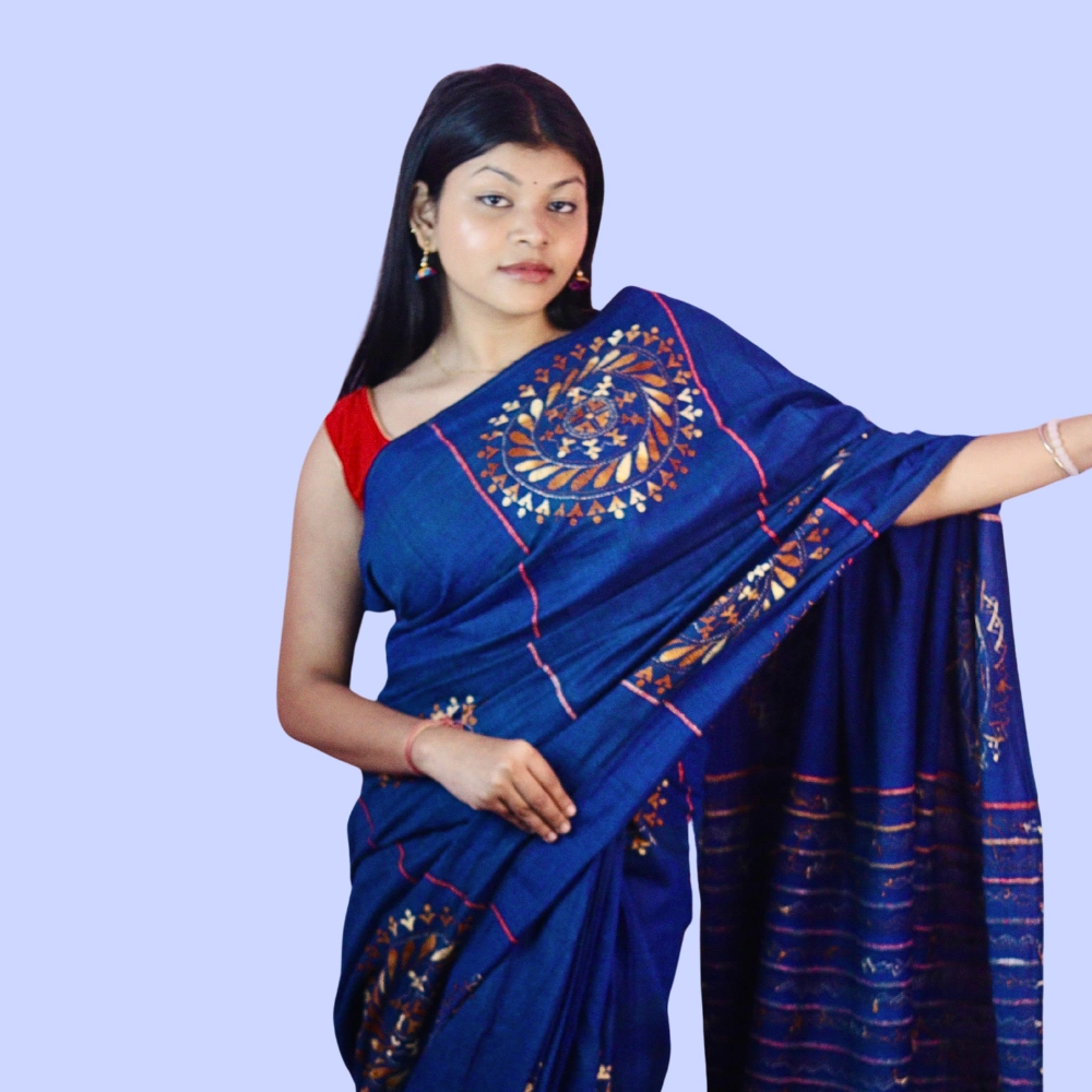 Handcrafted Blue Cotton Khesh Saree with Golden Motif Embroidery | Khesh Saree by iNDLooms - Image 4