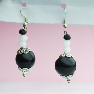 Handmade Black and White Beaded Earrings with Silver Detailing by INDLooms