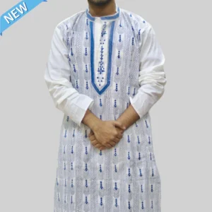 White Kurta Punjabi with Blue Intricate Kantha Embroidery - Handmade by INDLooms