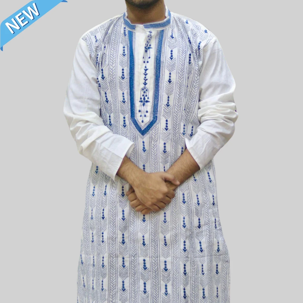 White Kurta Punjabi with Blue Intricate Kantha Embroidery - Handmade by INDLooms