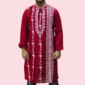Red Kurta Punjabi with White Intricate Kantha Embroidery - Handmade by INDLooms
