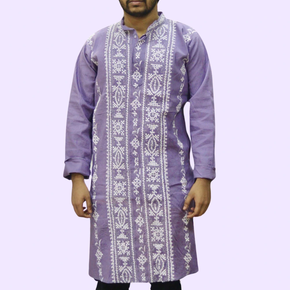 Premium Lavender Kurta Punjabi with Intricate Kantha Embroidery - Handmade by INDLooms - Image 2