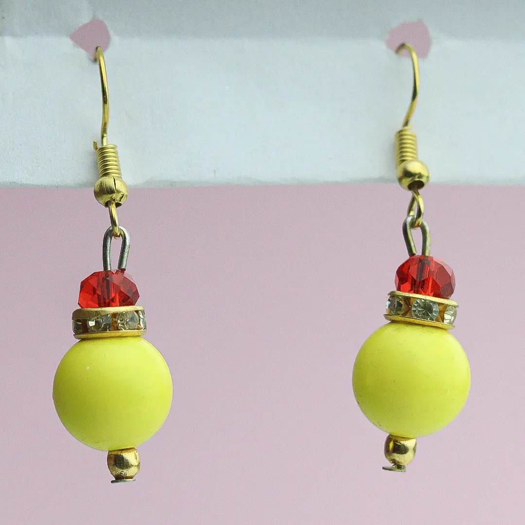 Handmade Yellow & Red Beaded Earrings by INDLooms - Image 4