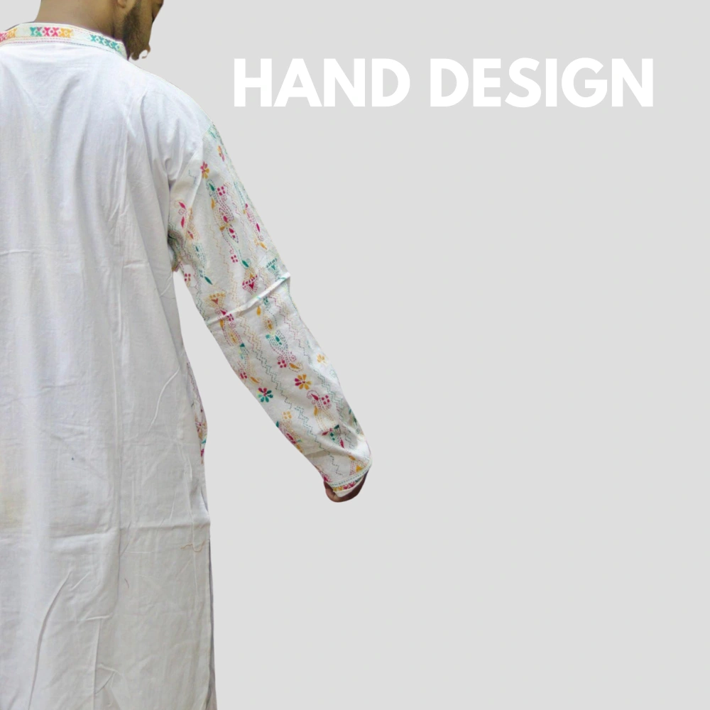 Premium White Kurta Punjabi with Multicolor Intricate Kantha Embroidery - Handmade by INDLooms - Image 2