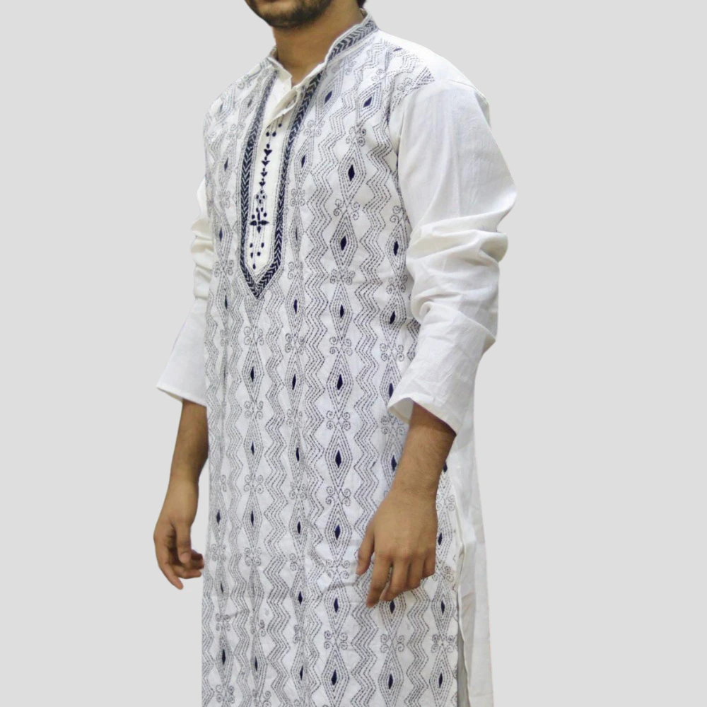 Black & White Kurta Punjabi with Intricate Kantha Embroidery - Handmade by INDLooms - Image 2