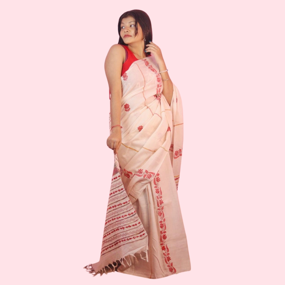 Handcrafted OFF-WHITE Cotton Khesh Saree with Red Floral Embroidery | Khesh Saree by iNDLooms - Image 6