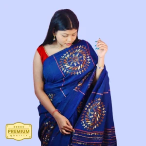 Handcrafted Blue Cotton Khesh Saree with Golden Motif Embroidery | Khesh Saree by iNDLooms